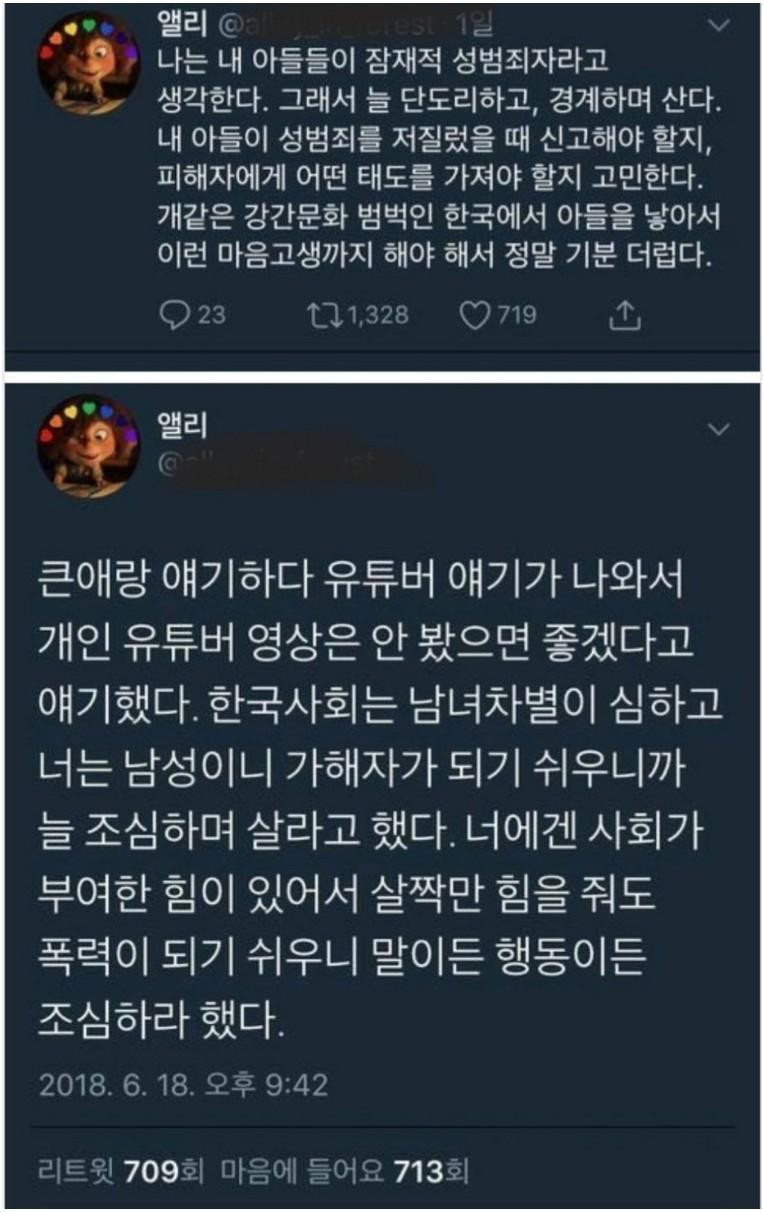 어느 페미 어머니의 sns글