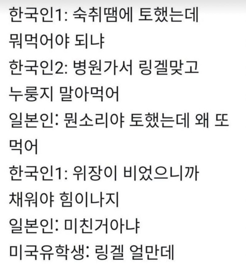 숙취에 대한 한국인 vs 일본인 vs 미국인 차이